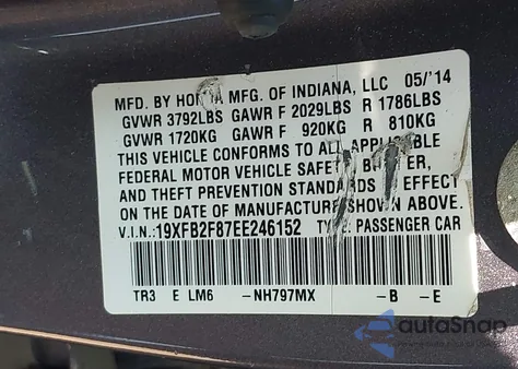 2014 Honda Civic Ex z USA, uszkodzony, nr VIN 19XFB2F87EE246152